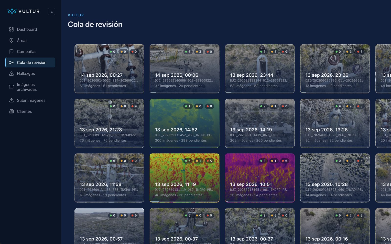Lista de campañas de vuelo cargadas con sus imágenes