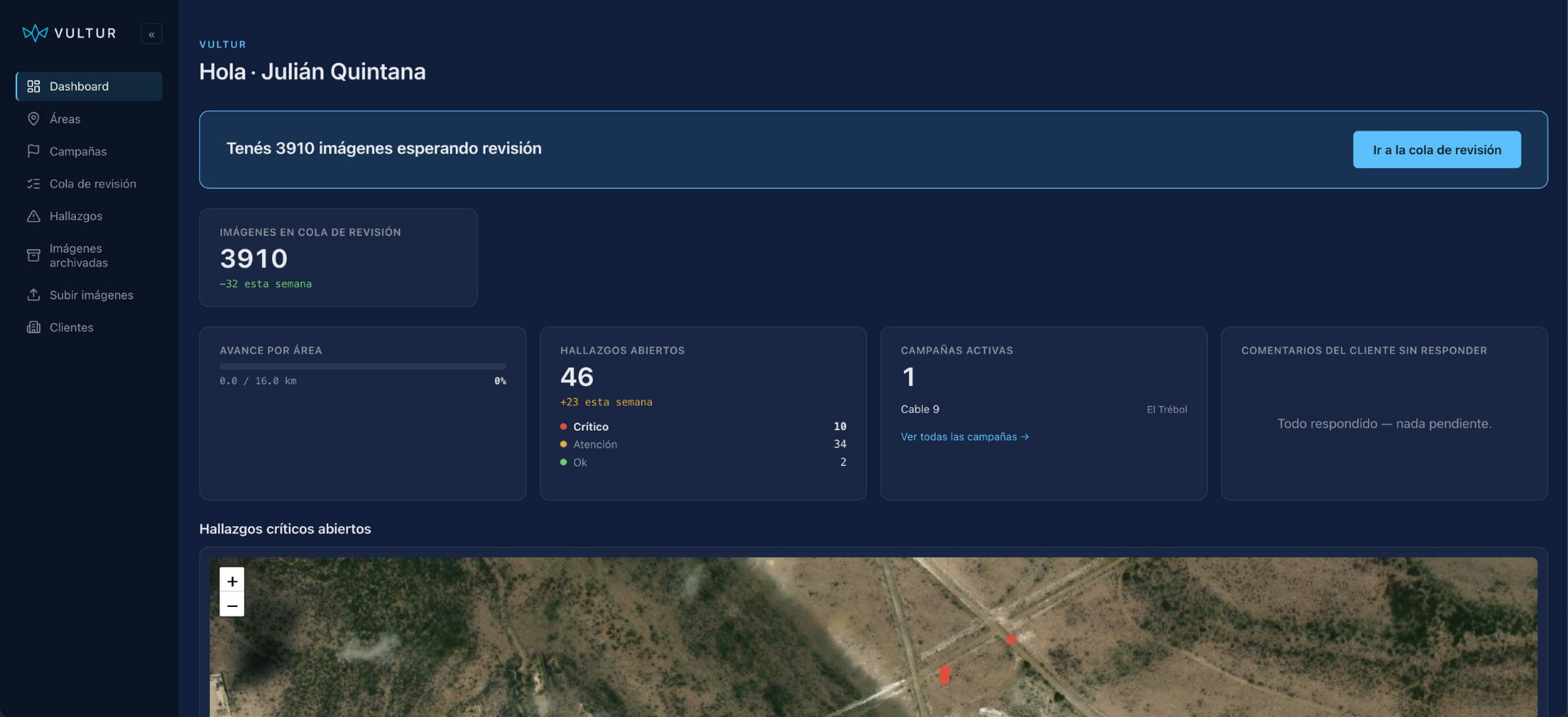 Tablero de Vultur con imágenes en revisión, hallazgos por severidad y mapa satelital de la campaña