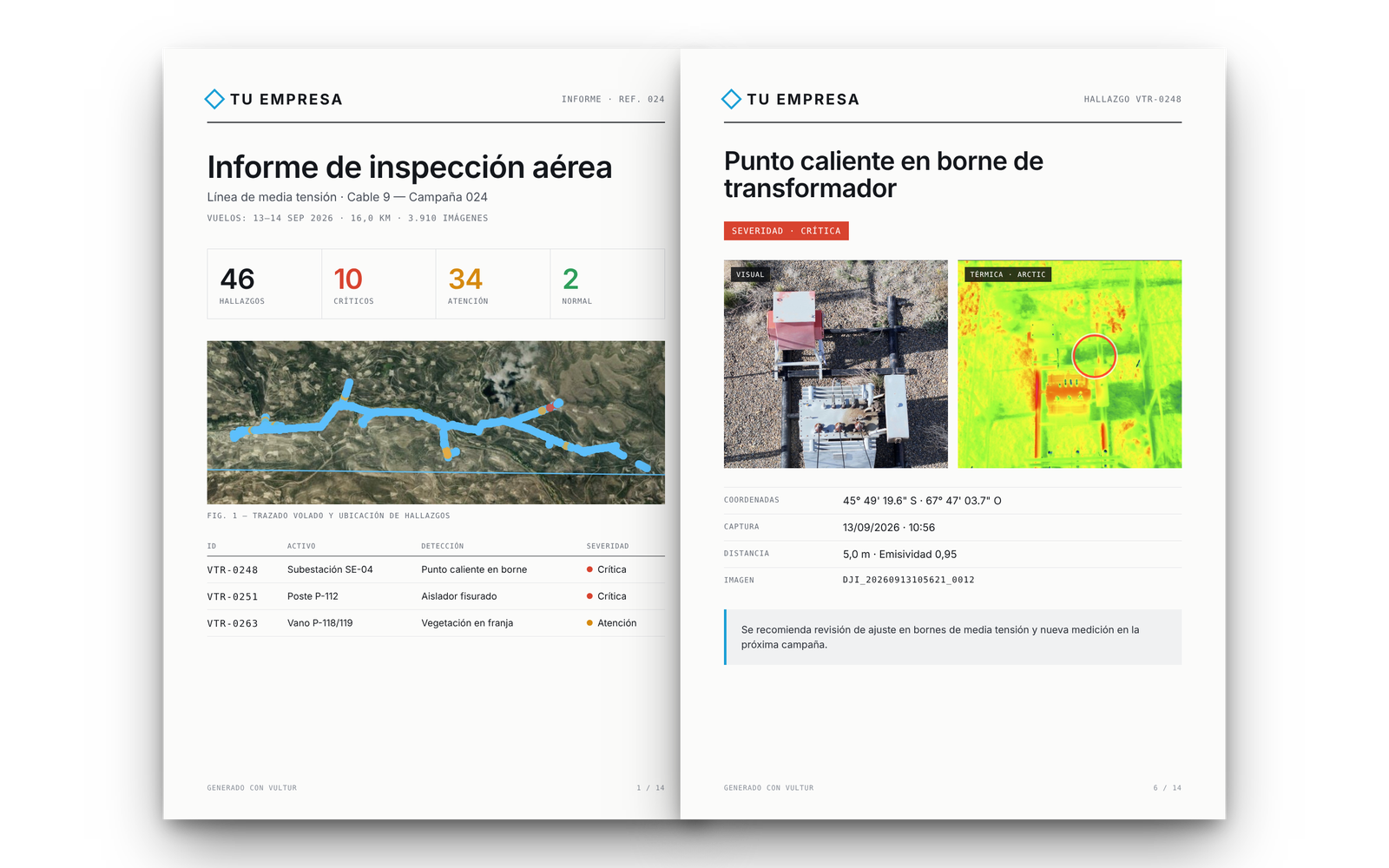 Informe PDF de inspección aérea con portada y ficha de hallazgo